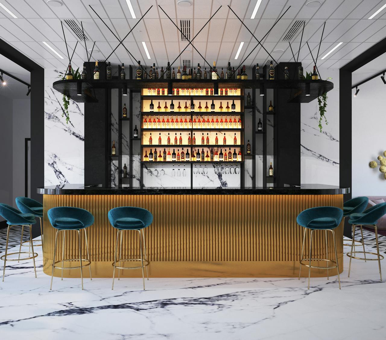 services-04 Elegant marble bar interior with illuminated shelves and plush teal seating, exuding luxury and style.